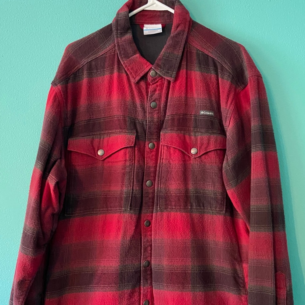 Columbia Men's Cotton Flannel Jacket-Shirt in Red & Brown Size Adult XL